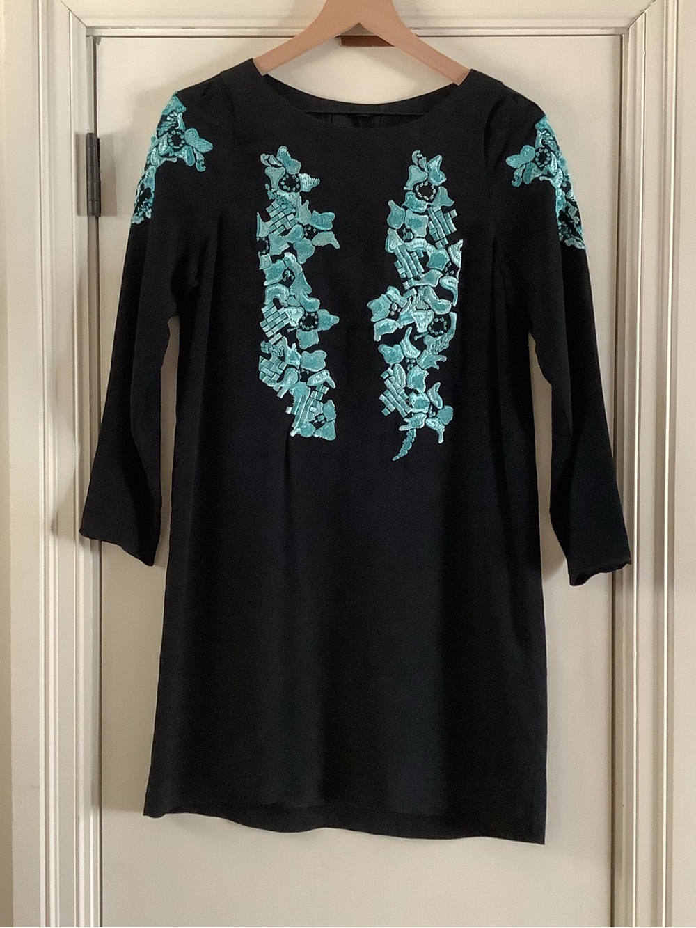 Cynthia Rowley Black Shift Dress with turquoise embroidery